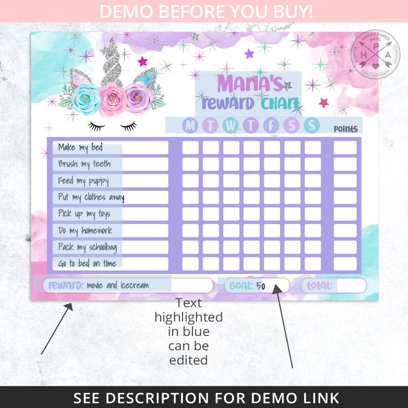 Unicorn reward chart for girls kids behavior daily chore charts daily routine purple magic silver stars. Editable template. 405hpa 064 F image 3