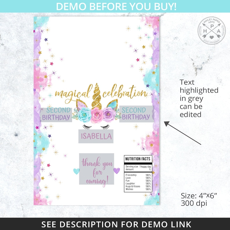 Unicorn Chocolate Bar Wrapper Birthday Celebration Candy Aldi Etsy