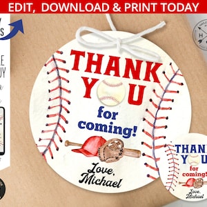 May include: Round white thank you tags with a baseball theme. The tags feature a red and white baseball with red stitching, a baseball bat, a baseball glove, and a red baseball cap. The text on the tags reads "Thank You for coming! Love, Michael".