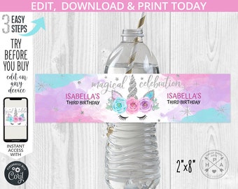 May include: A printable water bottle label with a unicorn design. The label is pink, blue, and silver with glitter accents. The text on the label reads "magical celebration" and "Isabella's Third Birthday". The label is 2 inches by 8 inches.