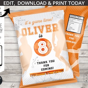Basketball chips bag birthday party ball sports game time favor pack snacks pouch wrapper. Editable printable. 218HPA 30 D