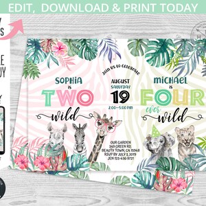 Puede incluir: Dos invitaciones imprimibles para la fiesta de cumplea&ntilde;os de un ni&ntilde;o. Las invitaciones presentan un tema de selva con colores rosa, verde y amarillo. El texto en las invitaciones dice "Sophia tiene dos a&ntilde;os, es salvaje" y "Michael tiene cuatro a&ntilde;os, es siempre salvaje".