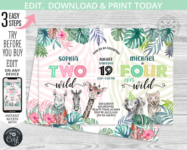 Puede incluir: Dos invitaciones imprimibles para la fiesta de cumplea&ntilde;os de un ni&ntilde;o. Las invitaciones presentan un tema de selva con colores rosa, verde y amarillo. El texto en las invitaciones dice "Sophia tiene dos a&ntilde;os, es salvaje" y "Michael tiene cuatro a&ntilde;os, es siempre salvaje".