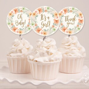 Floral boho Baby Shower Aquarell runde Cupcake Toppers. Es ist ein Mädchen, Thank you, Oh Baby 2x2 Tags. Pfirsich. Sofortiger Download. 088ST 01