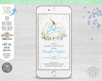 White little pumpkin electronic baby shower fall invitation blush blue smartphone e-vite, digital invite. Selfediting. 400HPA E081 01 081HPA