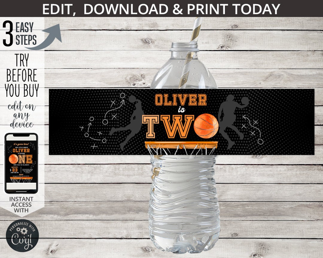 Basketball TWO Second Birthday Water Bottle Label Sports Games Boy 2nd ...