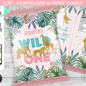 Jungle wild one pink chips bag, snacks treat bags, safari chip bag, chips pouch, favors, first birthday party editable template. 041HPA 30 A