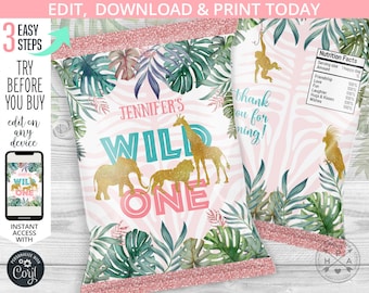 Jungle wild one pink chips bag, snacks treat bags, safari chip bag, chips pouch, favors, first birthday party editable template. 041HPA 30 A