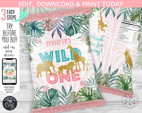 Jungle Safari Wild One Birthday Chip Bag Digital File DIY