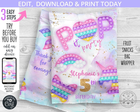 Pop it fruit snacks bag, fidget toys party snacks treat bags, wrapper, rainbow pouch, any age birthday. Editable template. 175HPA 35 F Il_570xn
