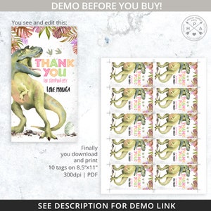 Dinosaur thank you favor gift tag third three rex dino-mite T-Rex girl birthday thanks rectangular label. Editable printable. 137HPA 09 A image 4