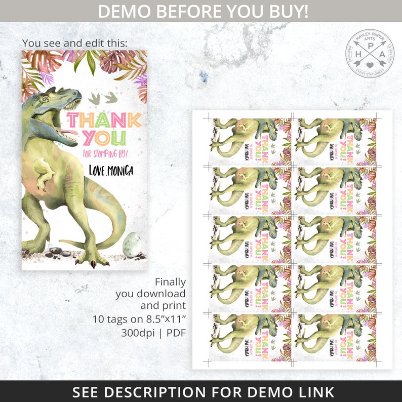 Dinosaur thank you favor gift tag third three rex dino-mite T-Rex girl birthday thanks rectangular label. Editable printable. 137HPA 09 A image 4