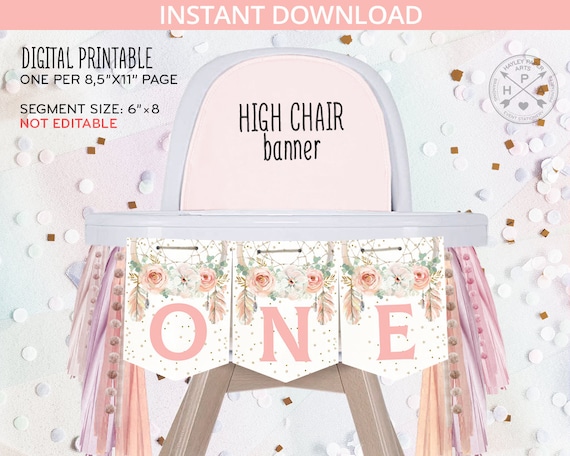 ONE high chair banner dreamcatcher first birthday bohemian party decoration girl boho pink pastel. Not editable instant download 122HPA 12 D Il_570xn