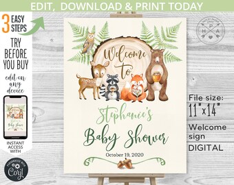 EDITABLE Woodland baby shower welcome sign. 11x14 party poster board. Deer bear fox owl ferns greenery forest animals. DIGITAL. 091HPA 14 A