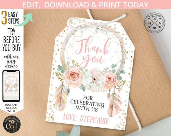 Dreamcatcher boho wild thank you favor tag first any age birthday or shower party girl pink gold. EDITABLE template. 122HPA 07 035HPA Il_570xn