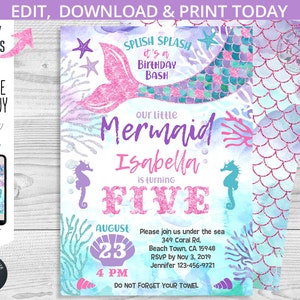 May include: A printable mermaid-themed birthday party invitation with a pink and purple glitter design. The invitation features a mermaid tail, a seahorse, and the text "Splish Splash it's a Birthday Bash our little Mermaid Isabella is turning FIVE August 23 4 PM Please join us under the sea 349 Coral Rd, Beach Town, CA 15948 RSVP by Nov 3, 2019 Jennifer 123-456-9721 DO NOT FORGET YOUR TOWEL".