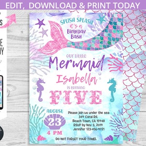 Mermaid fifth birthday under the sea invitation purple glitter pink girl five party invite invitations. Editable template. 060HPA 24