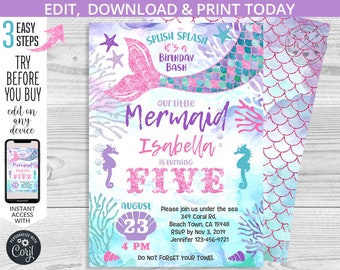 Mermaid fifth birthday under the sea invitation purple glitter pink girl five party invite invitations. Editable template. 060HPA 24