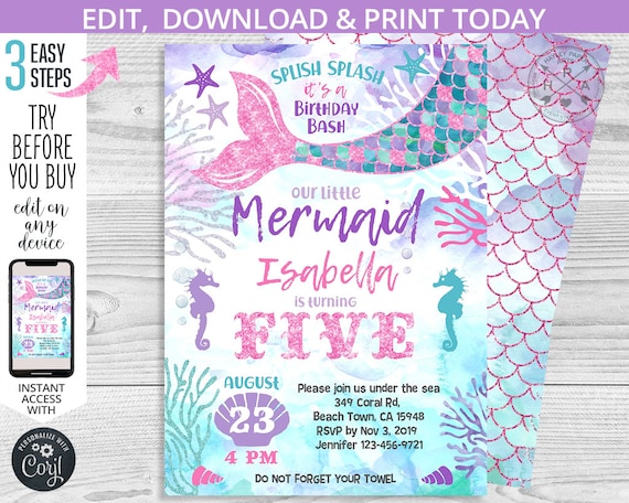 Mermaid fifth birthday under the sea invitation purple glitter pink girl five party invite invitations. Editable template. 060HPA 24 Il_570xn