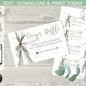 TeePee pañal rifa tarjeta insertar baby shower tee pee greenery party boho wild boy eucalipto boho. Plantilla editable instantánea. 130HP A2