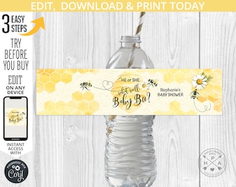 Biene Baby enthüllen Dusche Flasche Label Wrapper er oder sie Hummel Honig Party. Gelb schwarz Bienenstock Hexagon. Bearbeitbare Vorlage. 049HPA 19 B