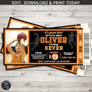 Invitation à un billet d'anniversaire pour sport de basket-ball, fête des garçons toutes étoiles, invitation à une fête d'activités pour les jeux de ballon. Modèle de carte modifiable. 218 HPA 33 A