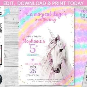 Unicorn birthday invitation magical purple pink rainbow pastel girl women adult magic party invite invitations. Editable template. 188HPA 01