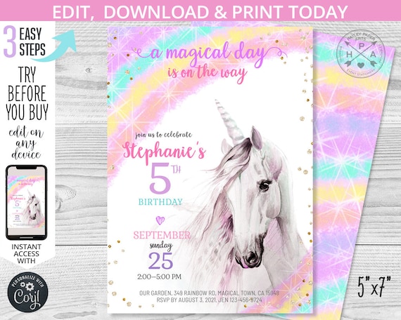 Unicorn birthday invitation magical purple pink rainbow pastel girl women adult magic party invite invitations. Editable template. 188HPA 01 Il_570xn
