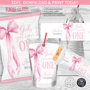 May include: A printable party favor bundle for a first birthday party. The bundle includes a chips bag wrapper, juice bag label, water bottle label, and Rice Krispies wrapper. The design features a pink watercolor bow and the text "Girls just wanna be one" and "Amelia's First Birthday".
