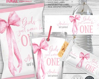 Coquette pink bow 1st birthday bundle, girls wanna be ONE, whimsical chips bag juice water bottle labels Editable printables. 270HPA 31