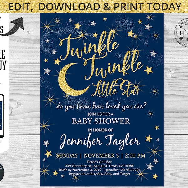 EDITABLE Twinkle twinkle little star baby shower gold navy blue invitation. Instant access to the template. Customized by you. 009HPA 01
