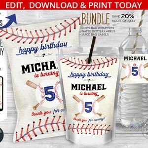 BUNDLE Baseball-Chips-Tasche, Saftsäckchen, Wasserflaschen-Etiketten, Ballsportspiele jedes Alter Geburtstags-Partypackung. Online-Vorlagen. 191HPA 50