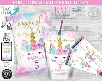 BUNDLE Unicorn magical chip and juice bag, treat bags, Hershey's candy wrapper label, chips pouch, favors, self editable template. 046HPA 25
