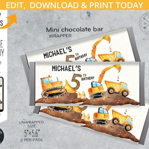 May include: Printable 5th birthday mini chocolate bar wrappers featuring a construction theme. The wrappers are white with a watercolor illustration of yellow construction vehicles on a brown dirt background. The text "MICHAEL'S 5TH BIRTHDAY" is printed in gold glitter font.