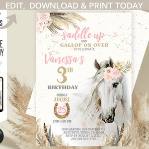 Cowgirl birthday invitation horse party floral girl pony watercolor saddle up white horse invite. Printable editable template. 176HPA 01 image 1