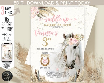 Cowgirl birthday invitation horse party floral girl pony watercolor saddle up white horse invite. Printable editable template. 176HPA 01