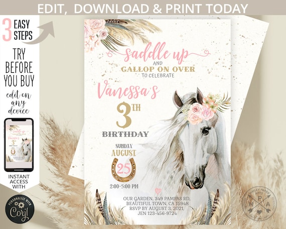 Cowgirl birthday invitation horse party floral girl pony watercolor saddle up white horse invite. Printable editable template. 176HPA 01 Il_570xn