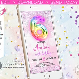 6th birthday electronic invitation sixth e-vite rainbow balloon confetti foil glitter holographic smartphone sms message. Editable E214 06 image 5