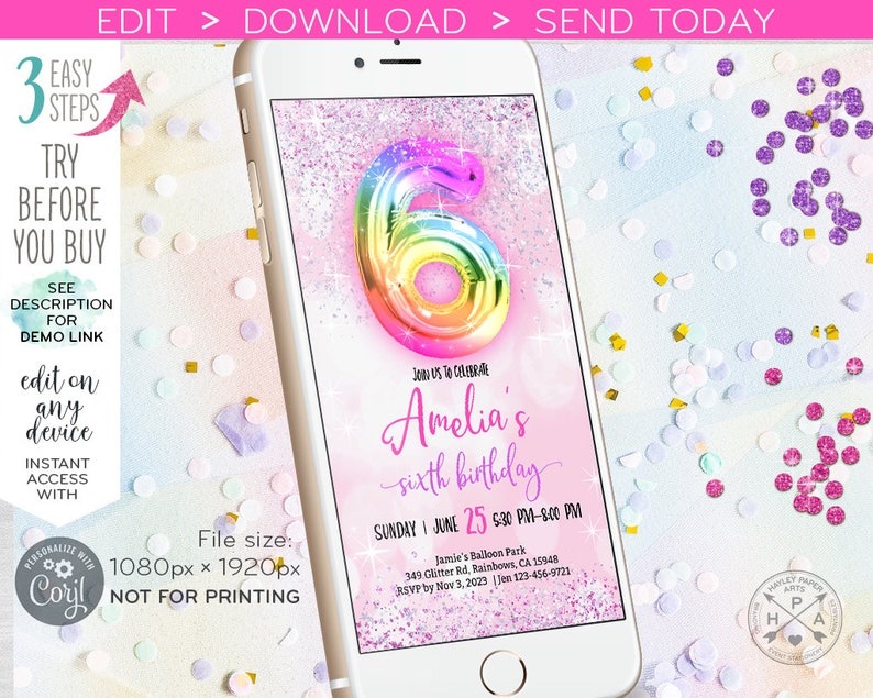 6th birthday electronic invitation sixth e-vite rainbow balloon confetti foil glitter holographic smartphone sms message. Editable E214 06 image 5