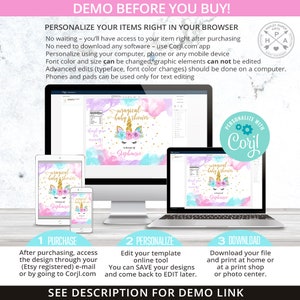 May include: A digital mockup showing how to personalize a printable baby shower invitation with a unicorn and the text "magical baby shower". The invitation is in shades of pink, blue, and gold with a white unicorn with a pink and blue mane and a gold horn. The text "Stephanie" is included in the design. The invitation can be personalized using the Corjl.com website.