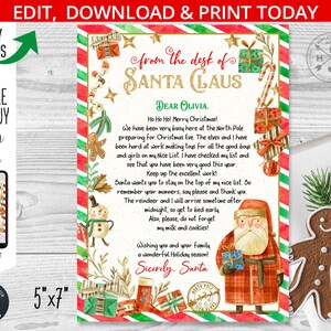 Carta de Papá Noel. Del escritorio de Santa. Tarjeta de Navidad. Correo del Polo Norte Santa Claus. Carta de devolución. Editable imprimible. 205HPA 10A