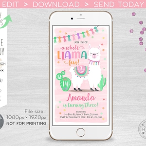 May include: A digital invitation for a llama-themed birthday party. The invitation features a cartoon llama with a colorful saddle and a pink background. The text on the invitation reads "Join us for a whole llama fun!" and "Amanda is turning three!"