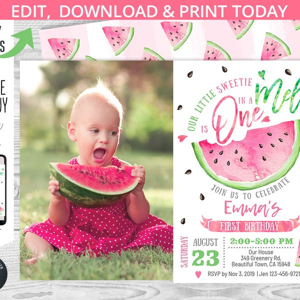 One in a melon birthday photo invitation watermelon pink first 1st b-day girl summer party invite invitations. Editable template. 050HPA 04