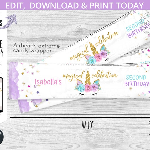 Unicorn airheads extreme candy wrapper, airhead labels, any age magical celebration glitter birthday party. Editable printable. 046HPA 17 A