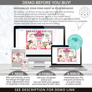 May include: A digital mockup of a pink and white farm-themed birthday invitation with the text "Aubrey Three" and a pig illustration. The invitation is displayed on a computer screen with a text box that says "Personalize with Coryl".