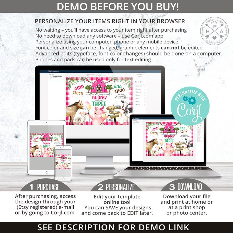 May include: A digital mockup of a pink and white farm-themed birthday invitation with the text "Aubrey Three" and a pig illustration. The invitation is displayed on a computer screen with a text box that says "Personalize with Coryl".