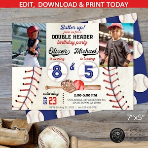 May include: Baseball-themed birthday party invitation with a blue and white background. The invitation features two photos of boys in baseball uniforms, the text "Batter up! Join us for a Double Header birthday party", and the names "Oliver" and "Michael" with their ages "8" and "5". The invitation also includes a baseball bat, glove, and baseballs.