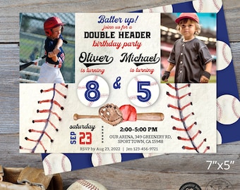 Baseball invitation joint birthday siblings brothers boys party invite sports slugger ball navy blue red game. Editable design. 191HPA 46