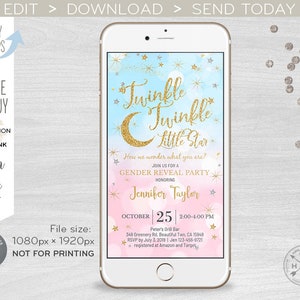 Twinkle twinkle little star gender reveal party electronic baby shower pink blue gold invitation smartphone e-vite. 400HPA E009 05 009HPA image 1