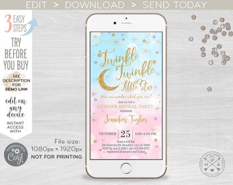 Twinkle twinkle little star gender reveal party electronic baby shower pink blue gold invitation smartphone e-vite. 400HPA E009 05 009HPA